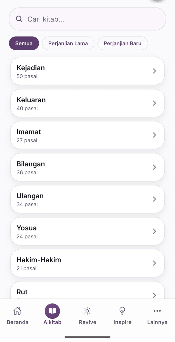 Layar Alkitab: daftar kitab Terjemahan Baru dengan pencarian